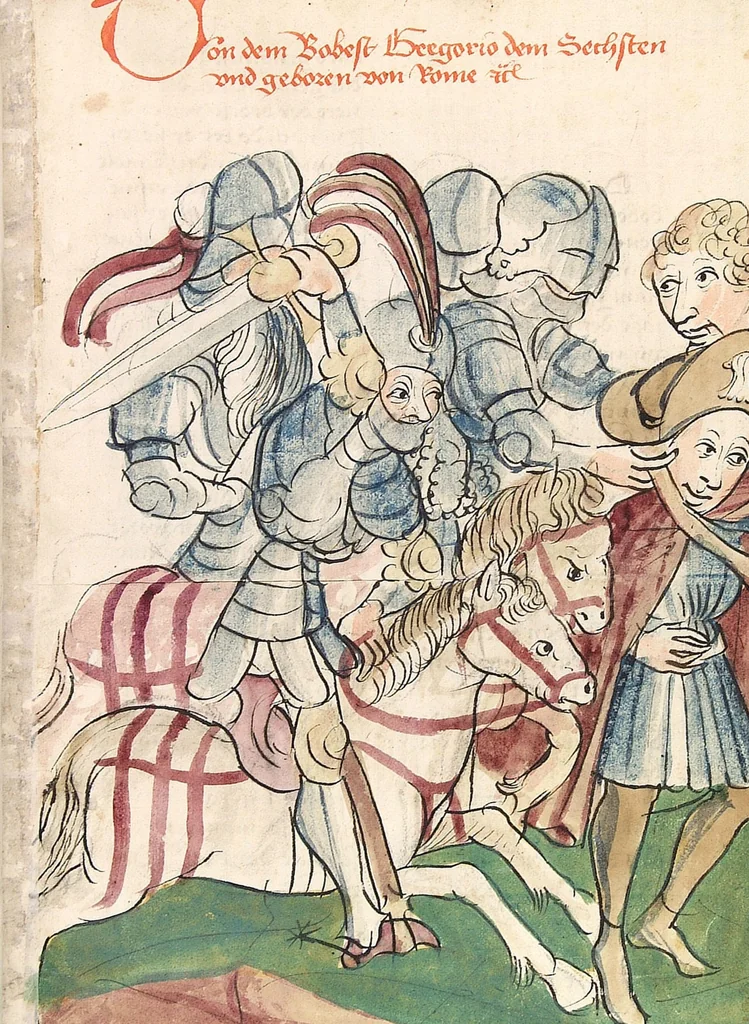 An illustration from Historia septem sapientum, dt. ; Martinus Oppaviensis: Chronicon pontificum et imperatorum, dt., 1450, leaf 649