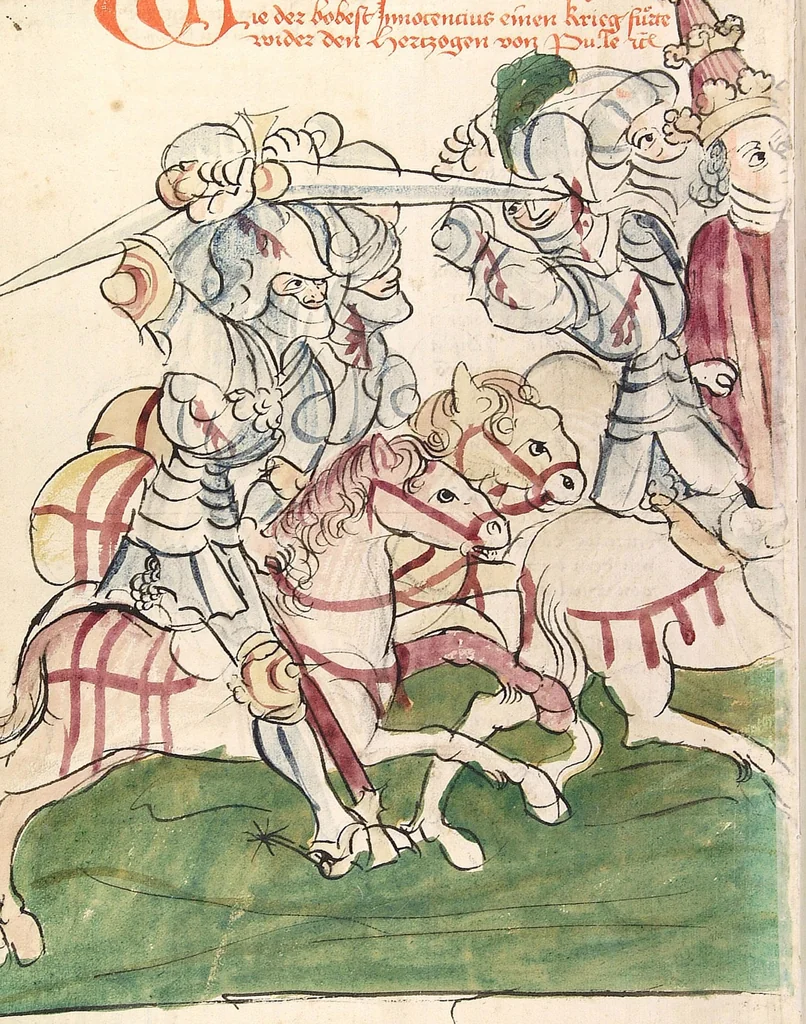 An illustration from Historia septem sapientum, dt. ; Martinus Oppaviensis: Chronicon pontificum et imperatorum, dt., 1450, leaf 662