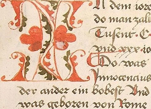 An illustration from Historia septem sapientum, dt. ; Martinus Oppaviensis: Chronicon pontificum et imperatorum, dt., 1450, leaf 663