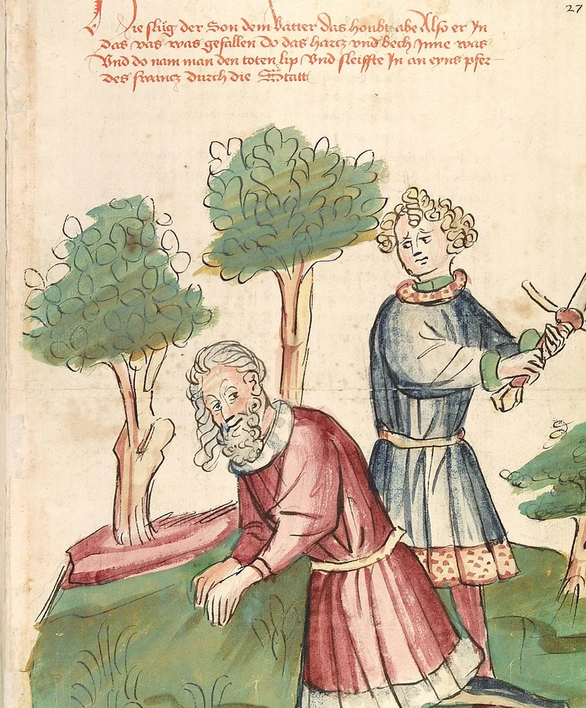An illustration from Historia septem sapientum, dt. ; Martinus Oppaviensis: Chronicon pontificum et imperatorum, dt., 1450, leaf 67