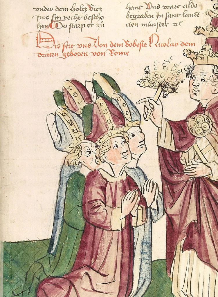 An illustration from Historia septem sapientum, dt. ; Martinus Oppaviensis: Chronicon pontificum et imperatorum, dt., 1450, leaf 683