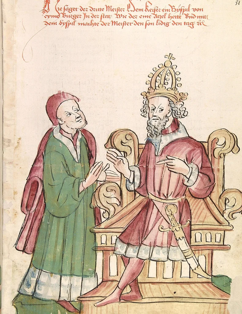 An illustration from Historia septem sapientum, dt. ; Martinus Oppaviensis: Chronicon pontificum et imperatorum, dt., 1450, leaf 71