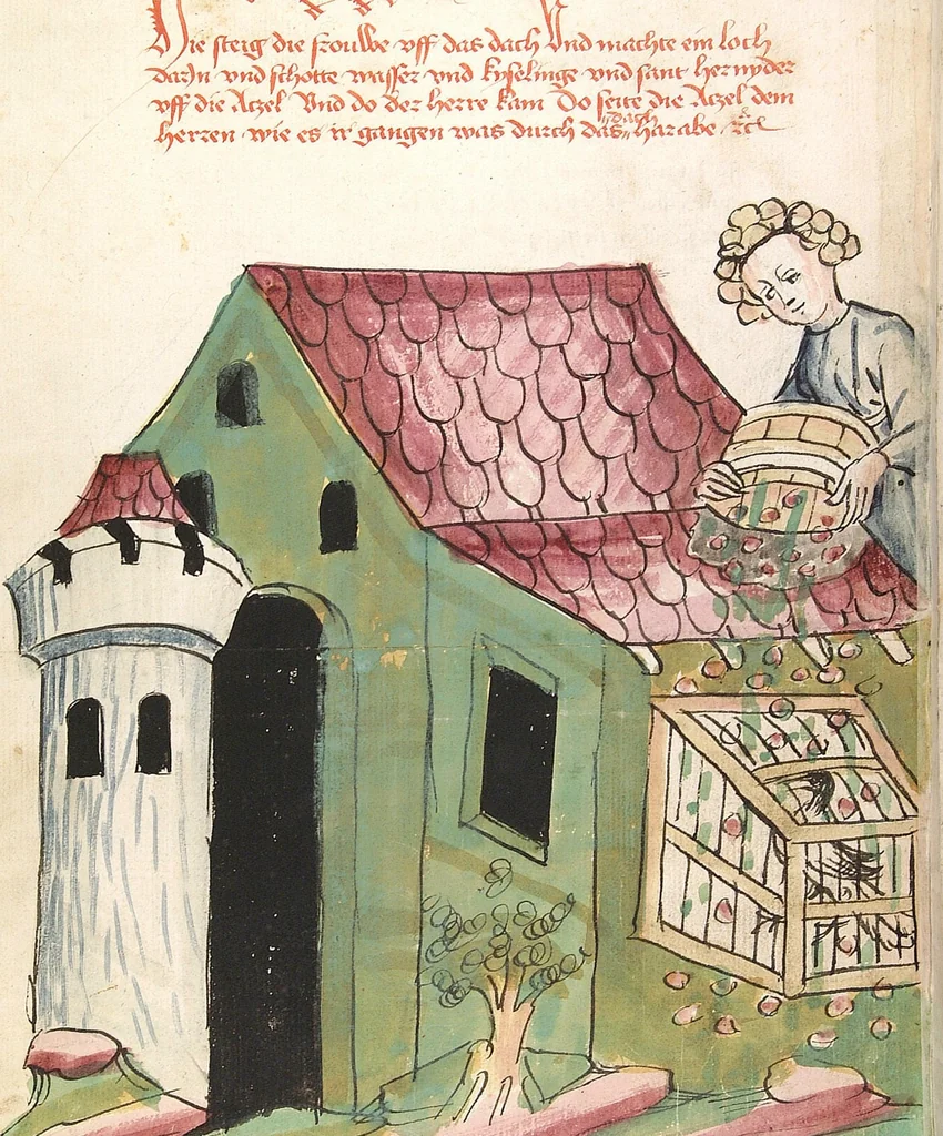 An illustration from Historia septem sapientum, dt. ; Martinus Oppaviensis: Chronicon pontificum et imperatorum, dt., 1450, leaf 74
