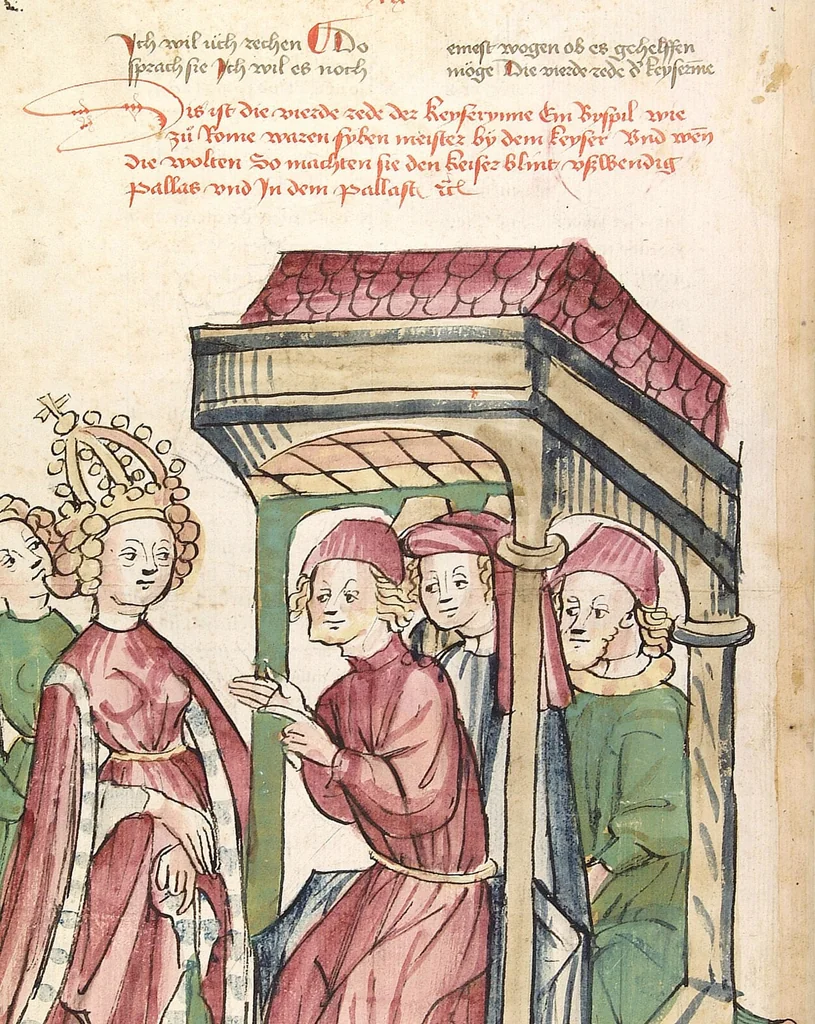 An illustration from Historia septem sapientum, dt. ; Martinus Oppaviensis: Chronicon pontificum et imperatorum, dt., 1450, leaf 80