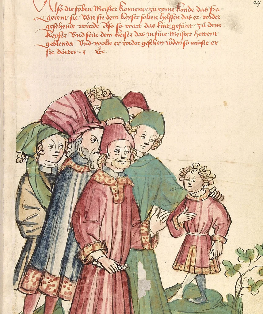 An illustration from Historia septem sapientum, dt. ; Martinus Oppaviensis: Chronicon pontificum et imperatorum, dt., 1450, leaf 83