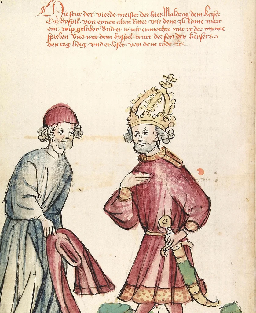 An illustration from Historia septem sapientum, dt. ; Martinus Oppaviensis: Chronicon pontificum et imperatorum, dt., 1450, leaf 90