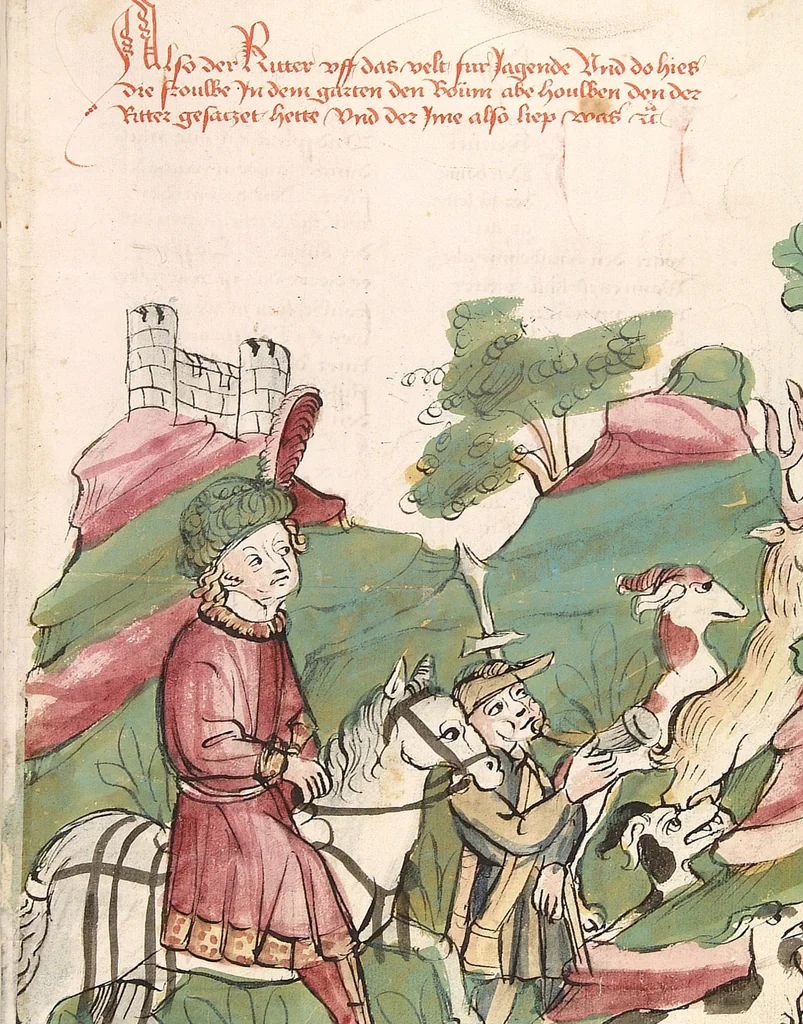An illustration from Historia septem sapientum, dt. ; Martinus Oppaviensis: Chronicon pontificum et imperatorum, dt., 1450, leaf 93