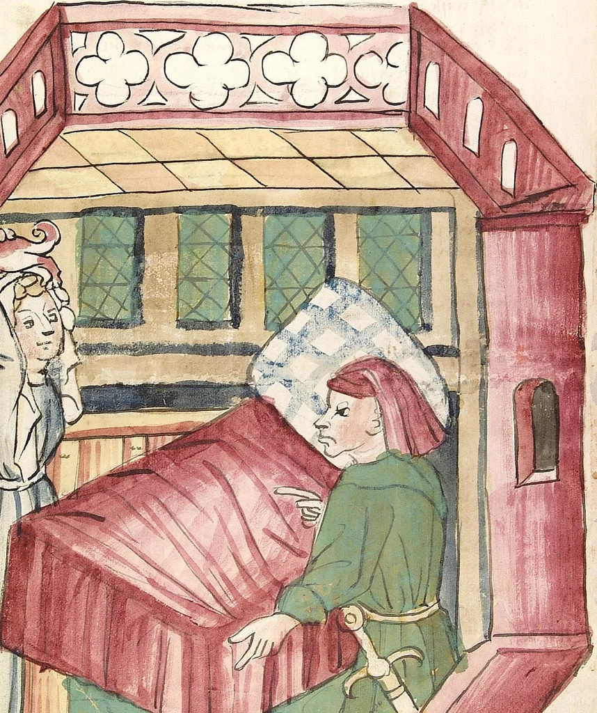 An illustration from Historia septem sapientum, dt. ; Martinus Oppaviensis: Chronicon pontificum et imperatorum, dt., 1450, leaf 96