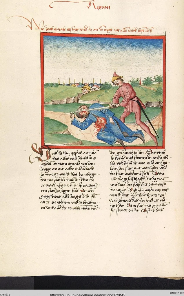 An illustration from Könige, Paralipomenon I und II, Esra, Tobias, Judith, Esther, Hiob, 1477, leaf 142