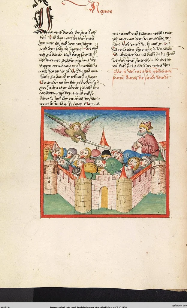 An illustration from Könige, Paralipomenon I und II, Esra, Tobias, Judith, Esther, Hiob, 1477, leaf 150