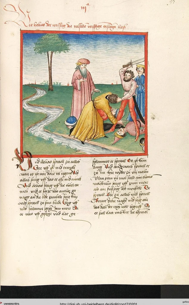 An illustration from Könige, Paralipomenon I und II, Esra, Tobias, Judith, Esther, Hiob, 1477, leaf 201