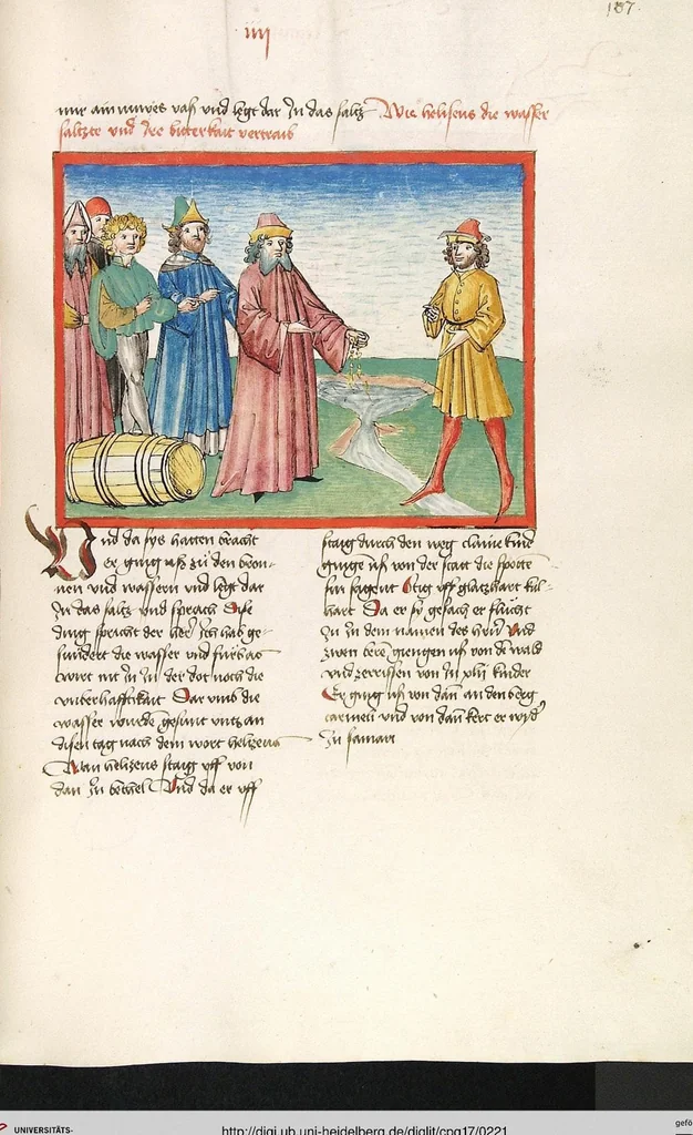 An illustration from Könige, Paralipomenon I und II, Esra, Tobias, Judith, Esther, Hiob, 1477, leaf 221