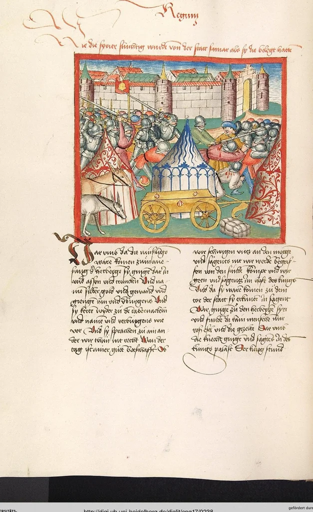 An illustration from Könige, Paralipomenon I und II, Esra, Tobias, Judith, Esther, Hiob, 1477, leaf 238