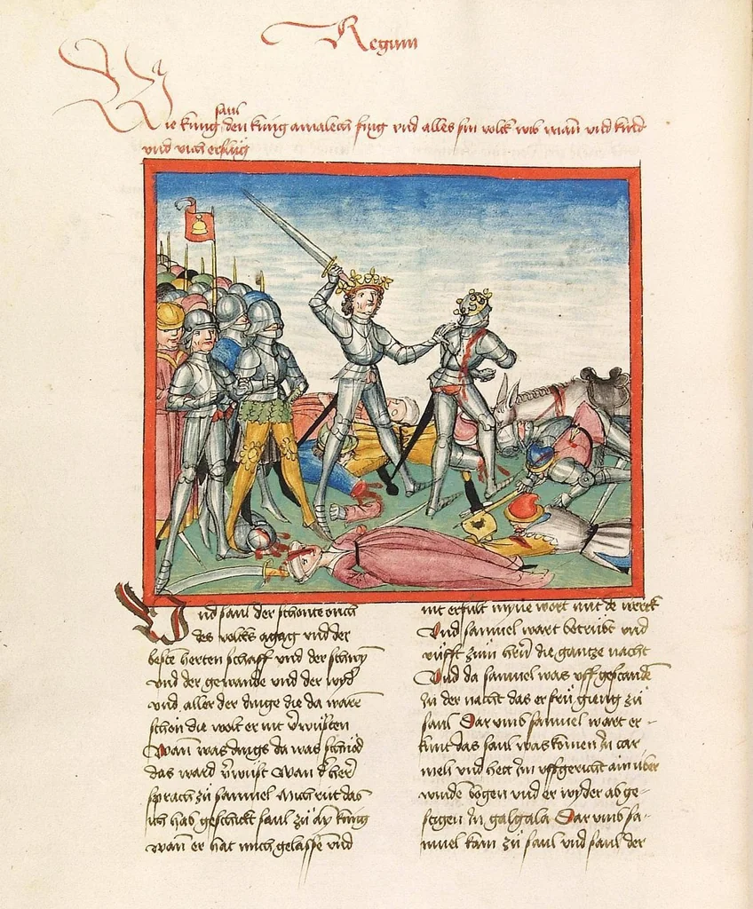 An illustration from Könige, Paralipomenon I und II, Esra, Tobias, Judith, Esther, Hiob, 1477, leaf 50