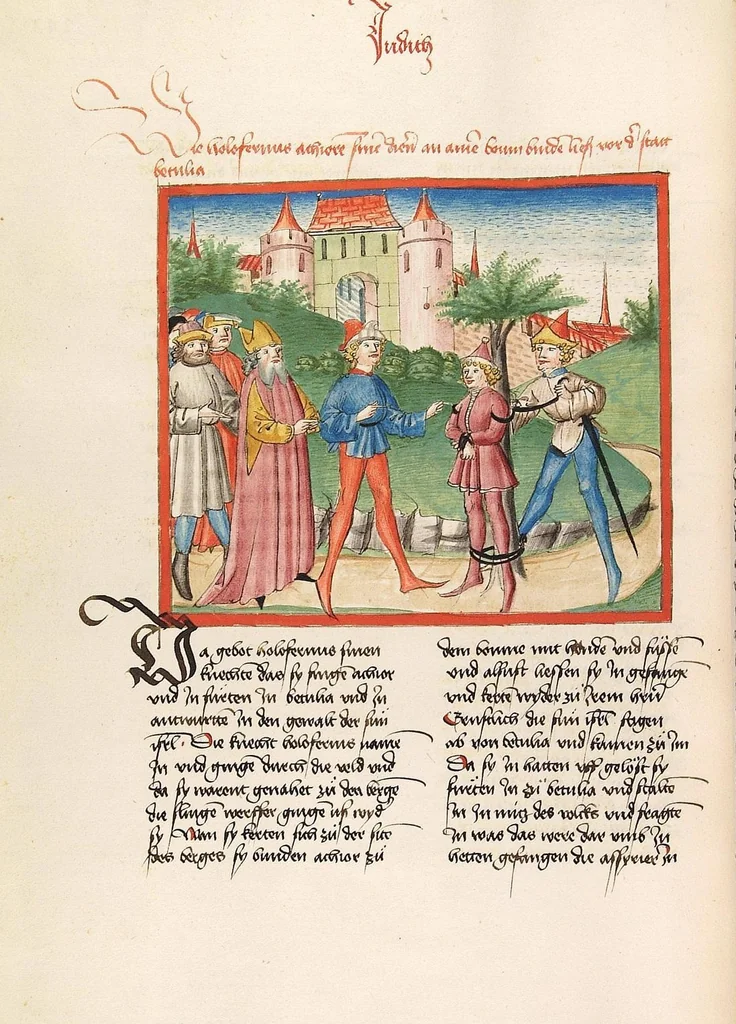 An illustration from Könige, Paralipomenon I und II, Esra, Tobias, Judith, Esther, Hiob, 1477, leaf 504