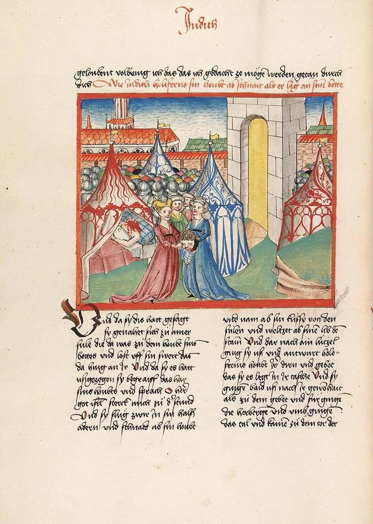 An illustration from Könige, Paralipomenon I und II, Esra, Tobias, Judith, Esther, Hiob, 1477, leaf 518
