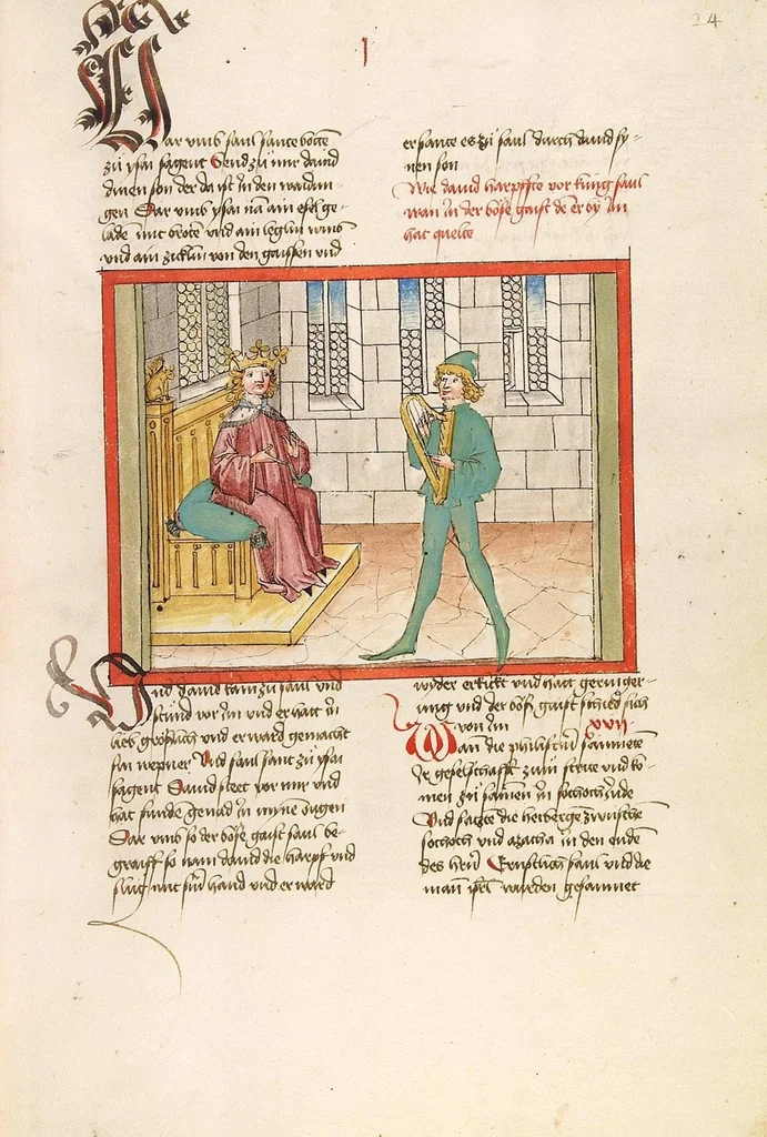 An illustration from Könige, Paralipomenon I und II, Esra, Tobias, Judith, Esther, Hiob, 1477, leaf 55