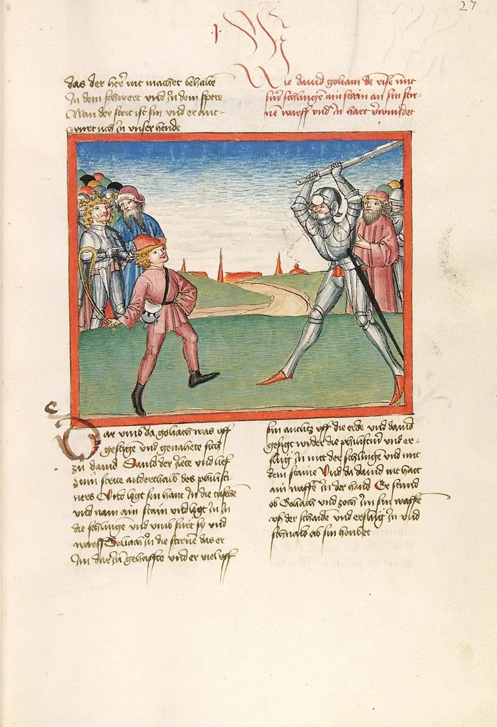 An illustration from Könige, Paralipomenon I und II, Esra, Tobias, Judith, Esther, Hiob, 1477, leaf 61