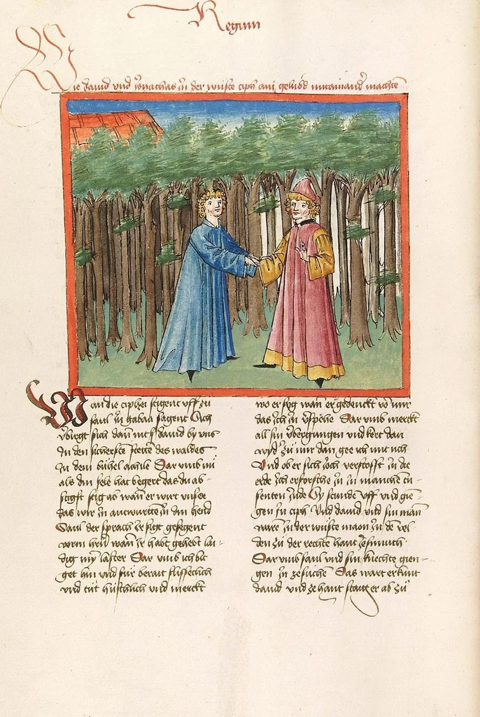 An illustration from Könige, Paralipomenon I und II, Esra, Tobias, Judith, Esther, Hiob, 1477, leaf 76
