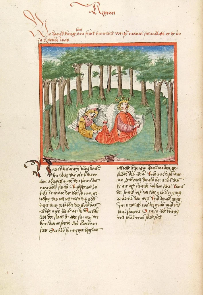 An illustration from Könige, Paralipomenon I und II, Esra, Tobias, Judith, Esther, Hiob, 1477, leaf 78