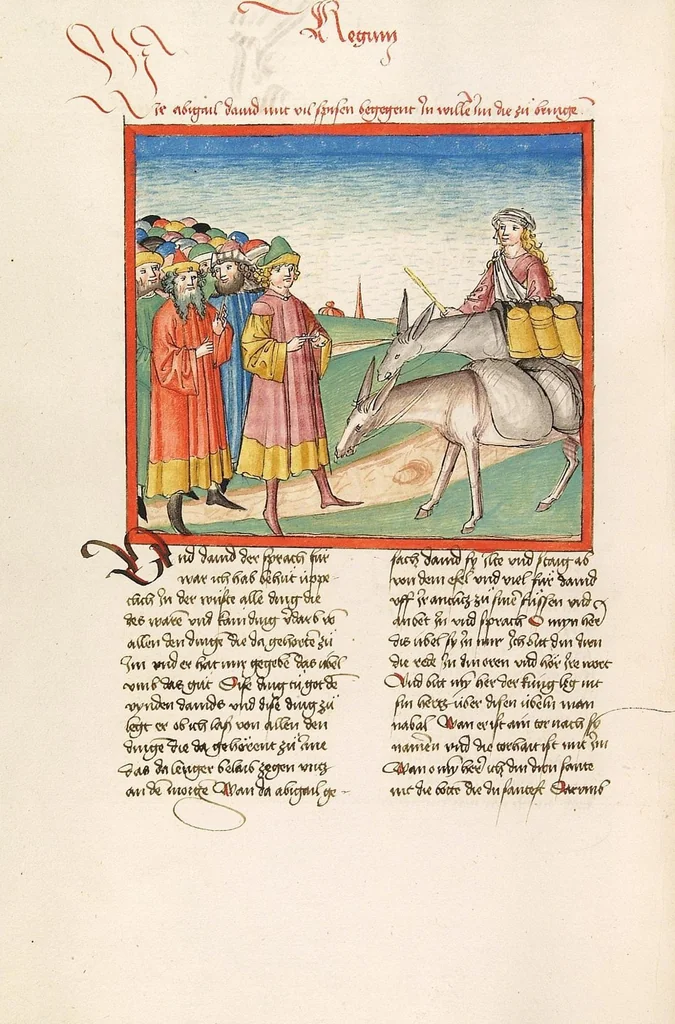 An illustration from Könige, Paralipomenon I und II, Esra, Tobias, Judith, Esther, Hiob, 1477, leaf 82