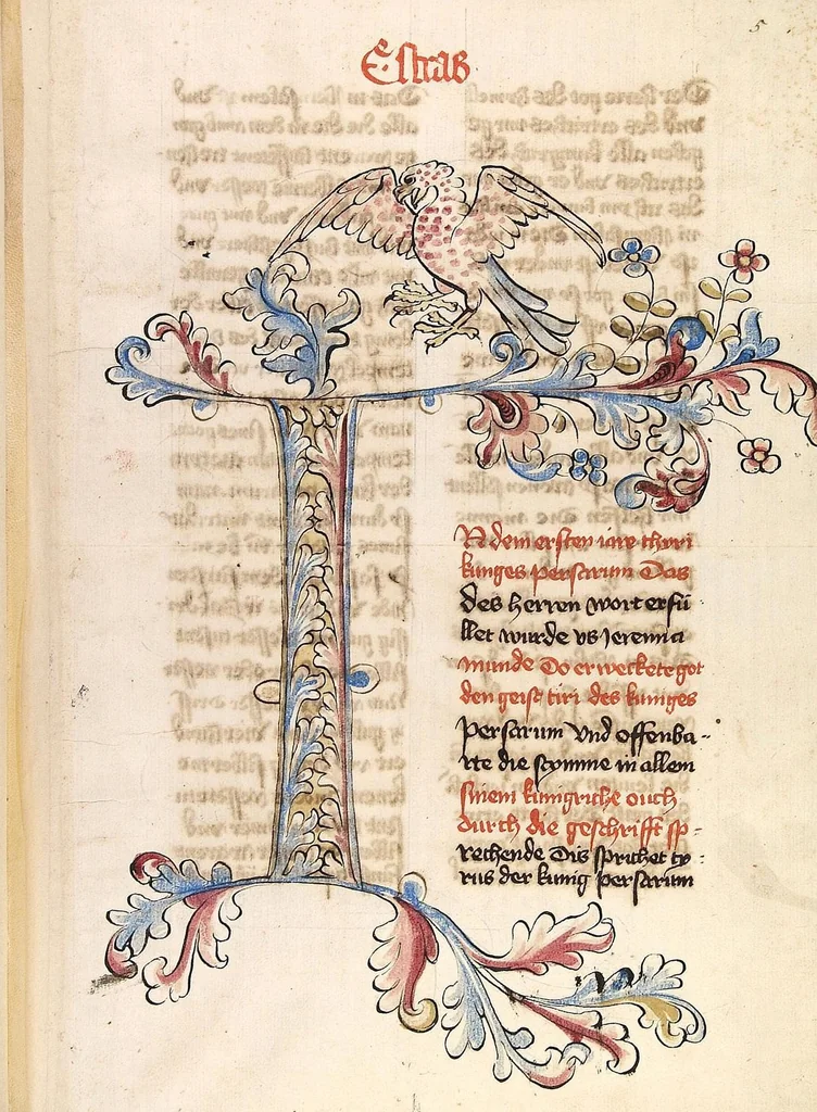 An illustration from AT (Bücher Esra, Nehemia, Tobias, Judith, Esther, Hiob, Psalter, Parabole, Ecclesiastes, Cantica, Sapientia, Ecclesiasticu), 1441, leaf 13