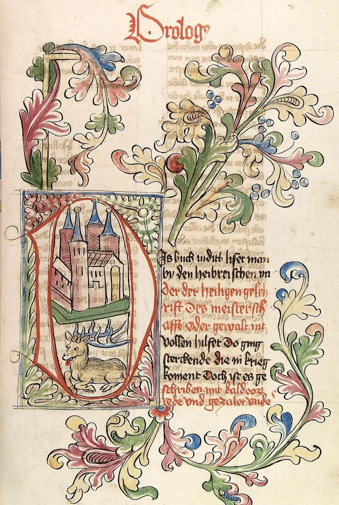 An illustration from AT (Bücher Esra, Nehemia, Tobias, Judith, Esther, Hiob, Psalter, Parabole, Ecclesiastes, Cantica, Sapientia, Ecclesiasticu), 1441, leaf 145