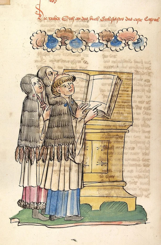 An illustration from AT (Bücher Esra, Nehemia, Tobias, Judith, Esther, Hiob, Psalter, Parabole, Ecclesiastes, Cantica, Sapientia, Ecclesiasticu), 1441, leaf 556