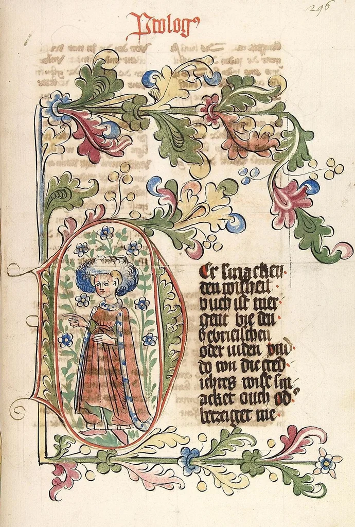 An illustration from AT (Bücher Esra, Nehemia, Tobias, Judith, Esther, Hiob, Psalter, Parabole, Ecclesiastes, Cantica, Sapientia, Ecclesiasticu), 1441, leaf 595
