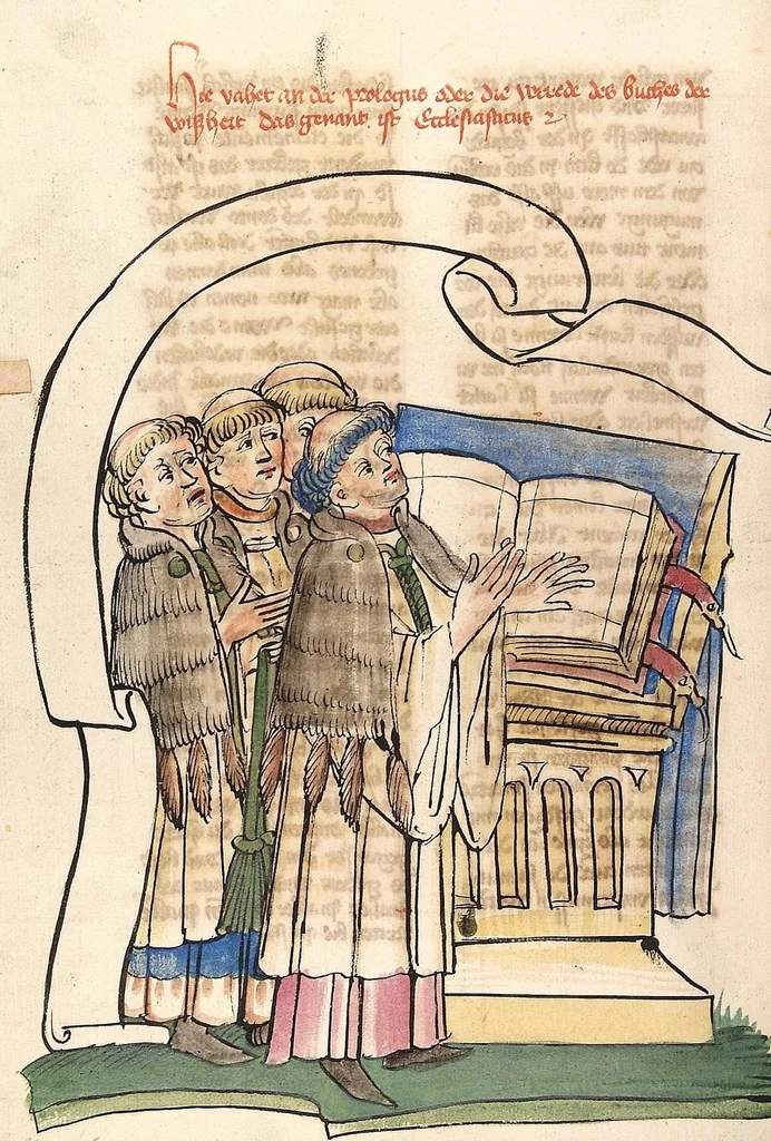 An illustration from AT (Bücher Esra, Nehemia, Tobias, Judith, Esther, Hiob, Psalter, Parabole, Ecclesiastes, Cantica, Sapientia, Ecclesiasticu), 1441, leaf 638