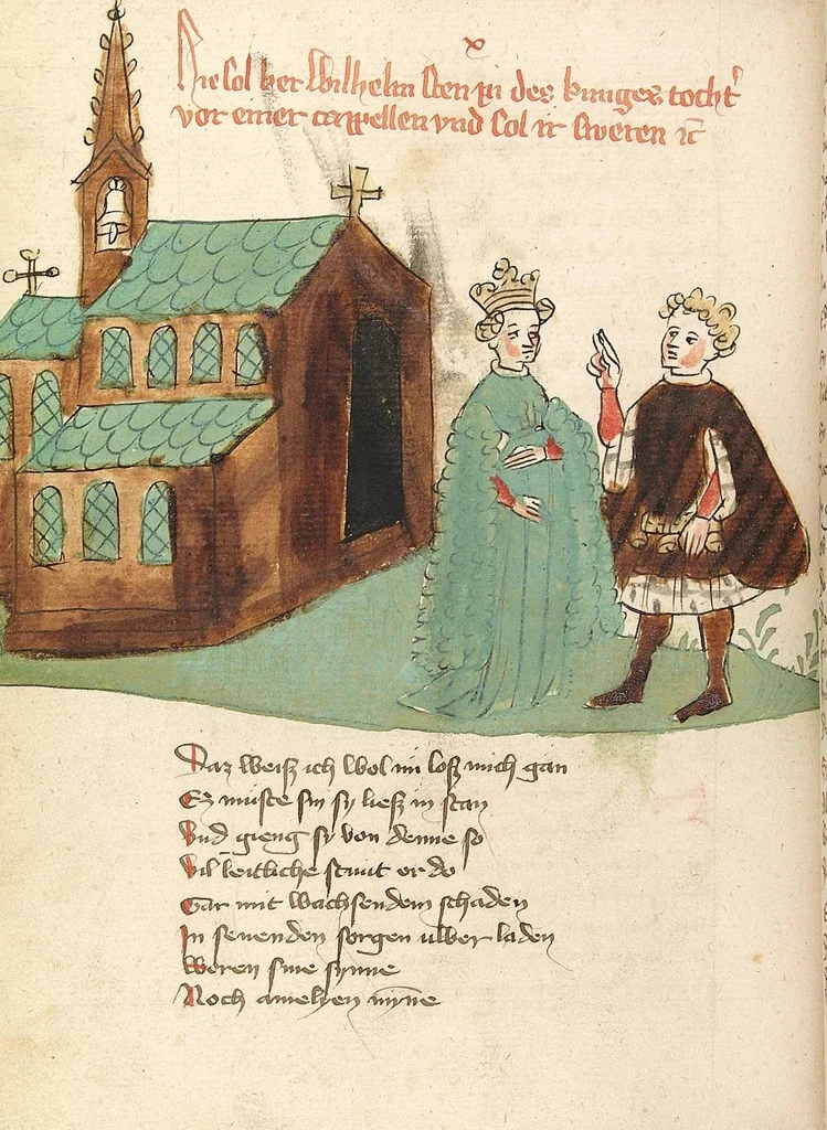 An illustration from Willehalm von Orlens, 1420, leaf 180