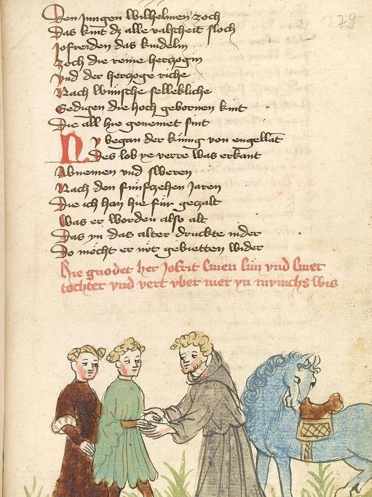 An illustration from Willehalm von Orlens, 1420, leaf 563