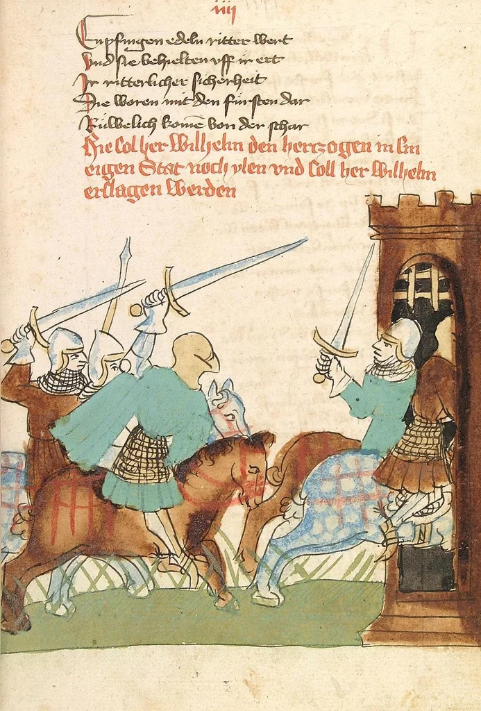 An illustration from Willehalm von Orlens, 1420, leaf 63