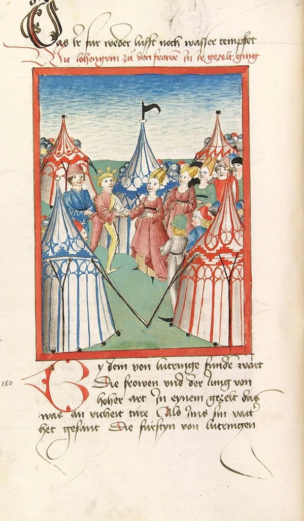 An illustration from 'Lohengrin' ; 'Friedrich von Schwaben', 1470, leaf 100