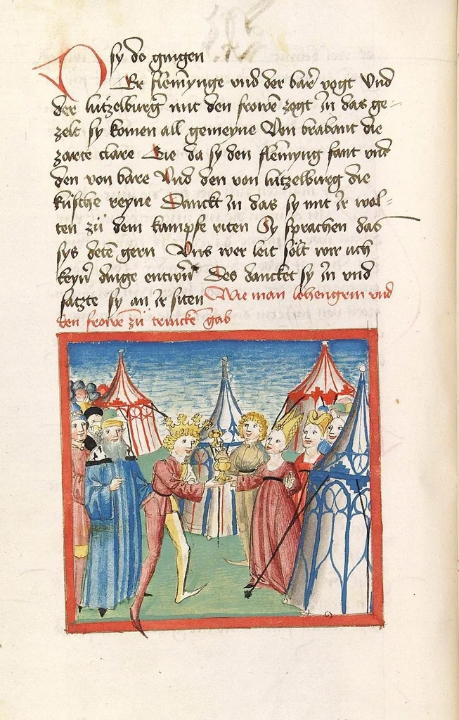An illustration from 'Lohengrin' ; 'Friedrich von Schwaben', 1470, leaf 102