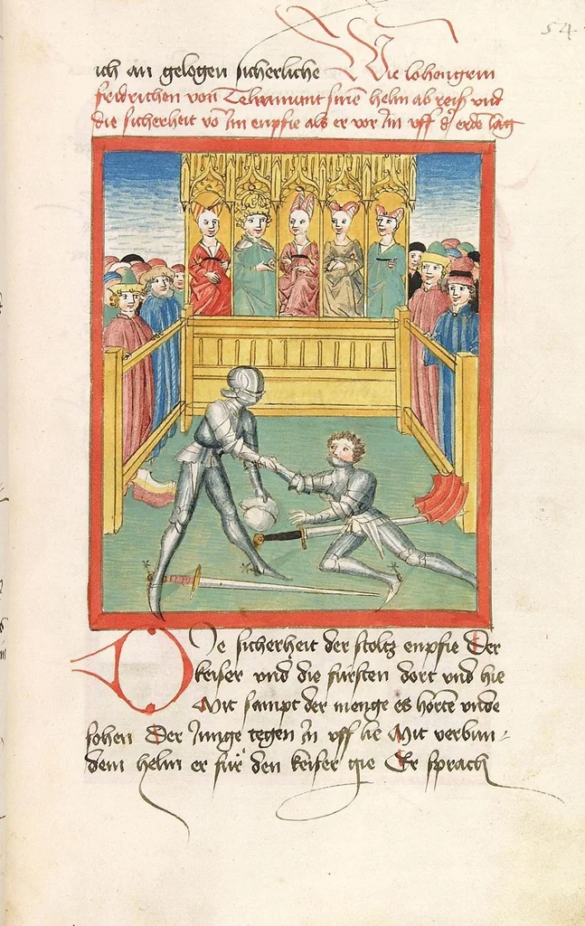 An illustration from 'Lohengrin' ; 'Friedrich von Schwaben', 1470, leaf 123