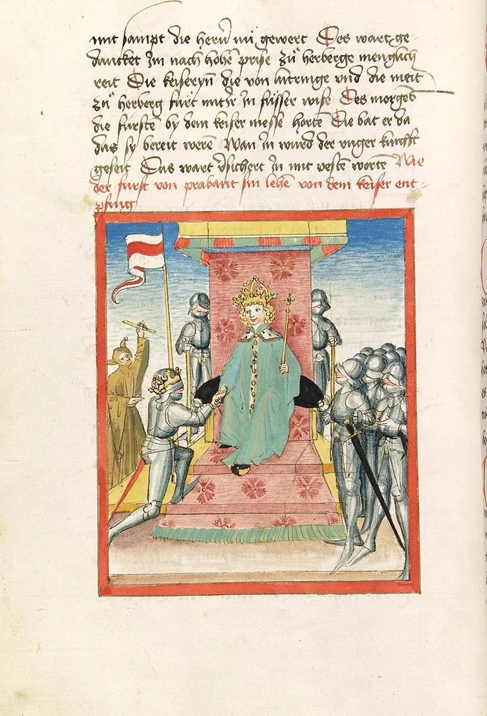 An illustration from 'Lohengrin' ; 'Friedrich von Schwaben', 1470, leaf 128