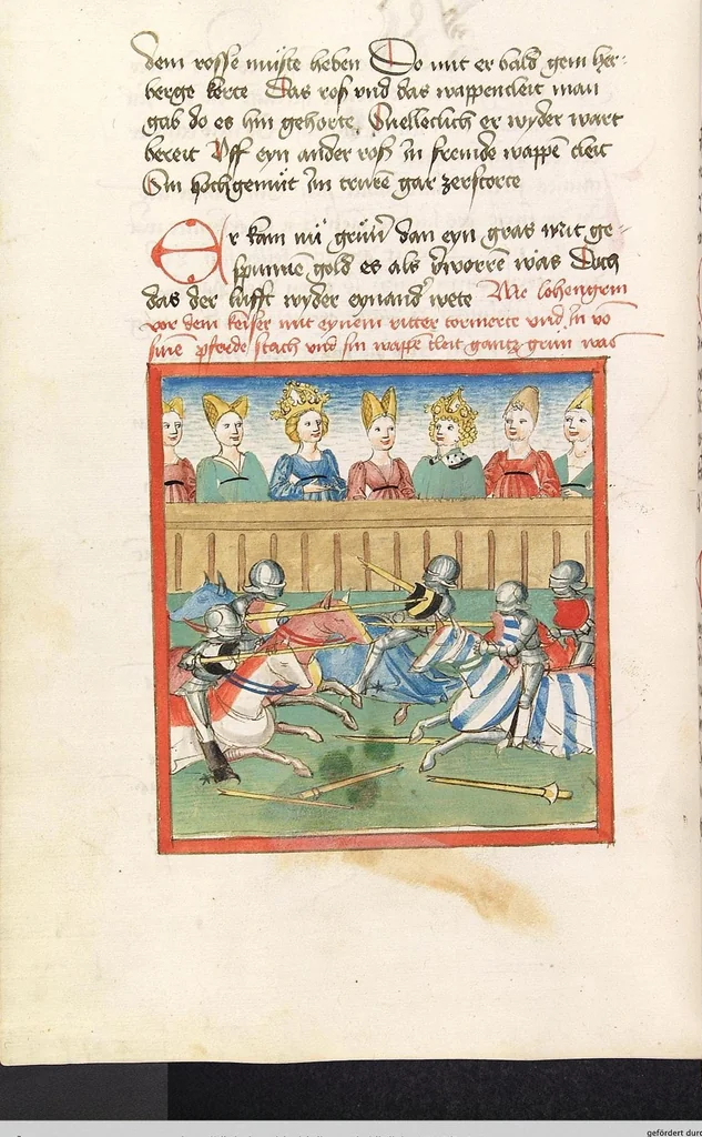 An illustration from 'Lohengrin' ; 'Friedrich von Schwaben', 1470, leaf 136