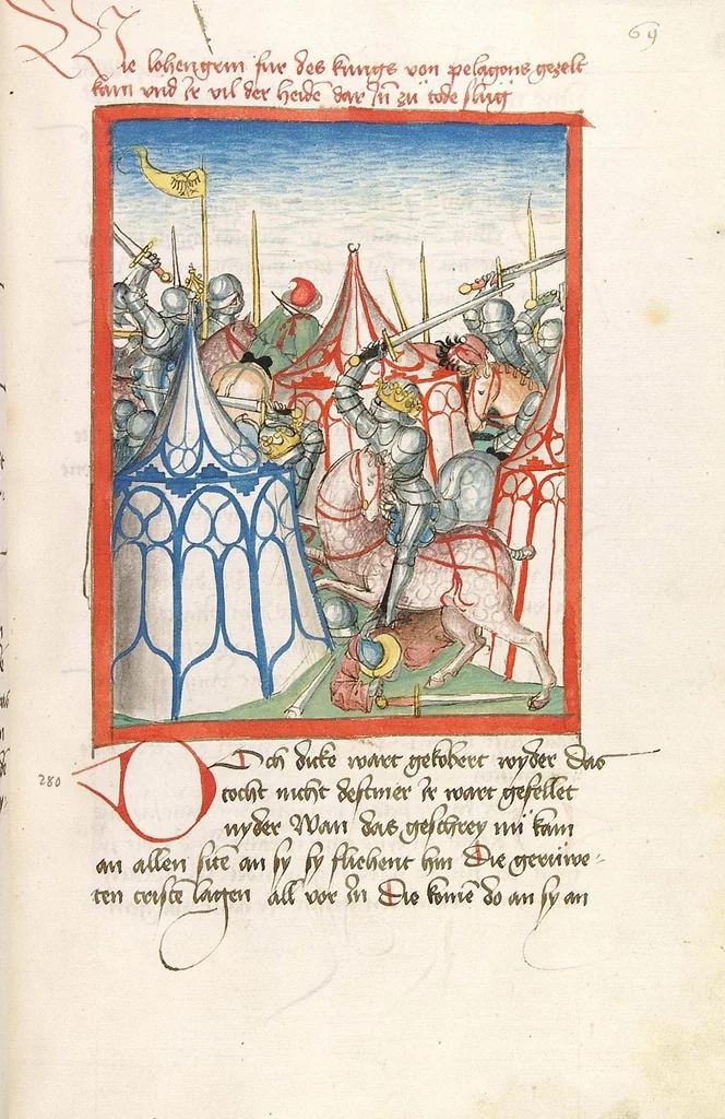 An illustration from 'Lohengrin' ; 'Friedrich von Schwaben', 1470, leaf 153