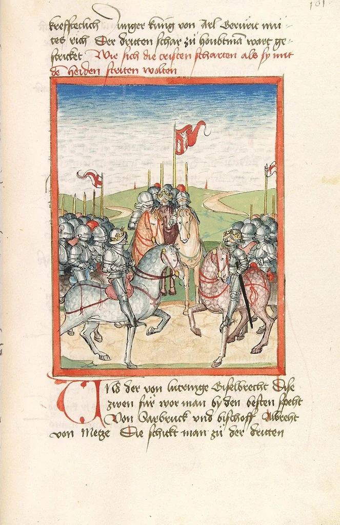 An illustration from 'Lohengrin' ; 'Friedrich von Schwaben', 1470, leaf 217