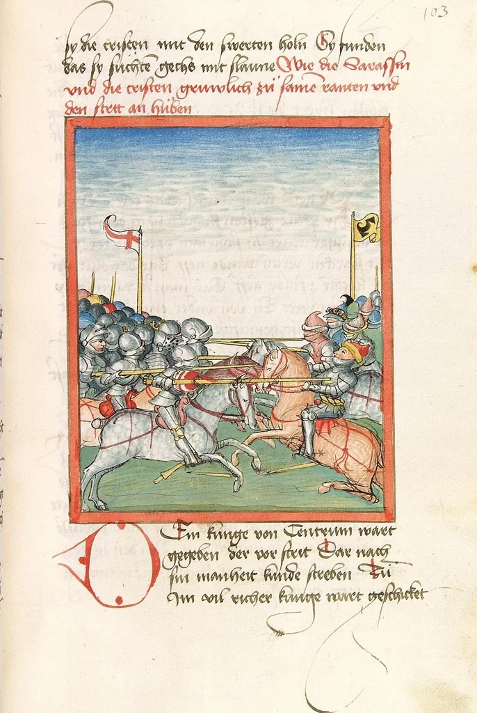 An illustration from 'Lohengrin' ; 'Friedrich von Schwaben', 1470, leaf 221