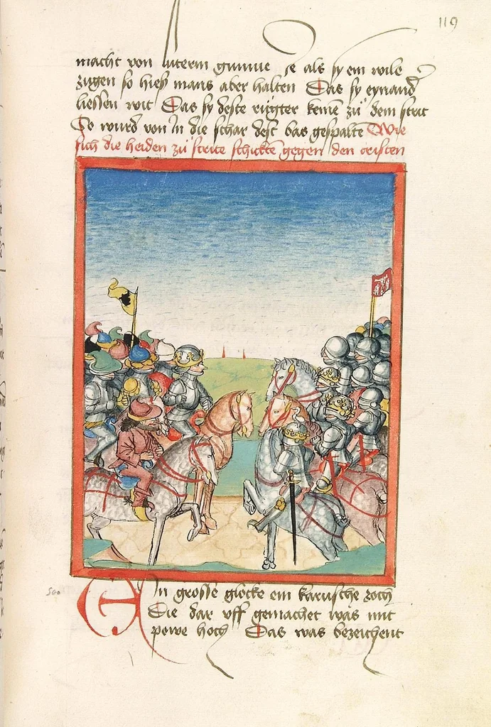 An illustration from 'Lohengrin' ; 'Friedrich von Schwaben', 1470, leaf 253