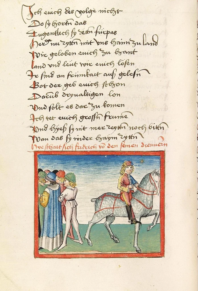 An illustration from 'Lohengrin' ; 'Friedrich von Schwaben', 1470, leaf 464