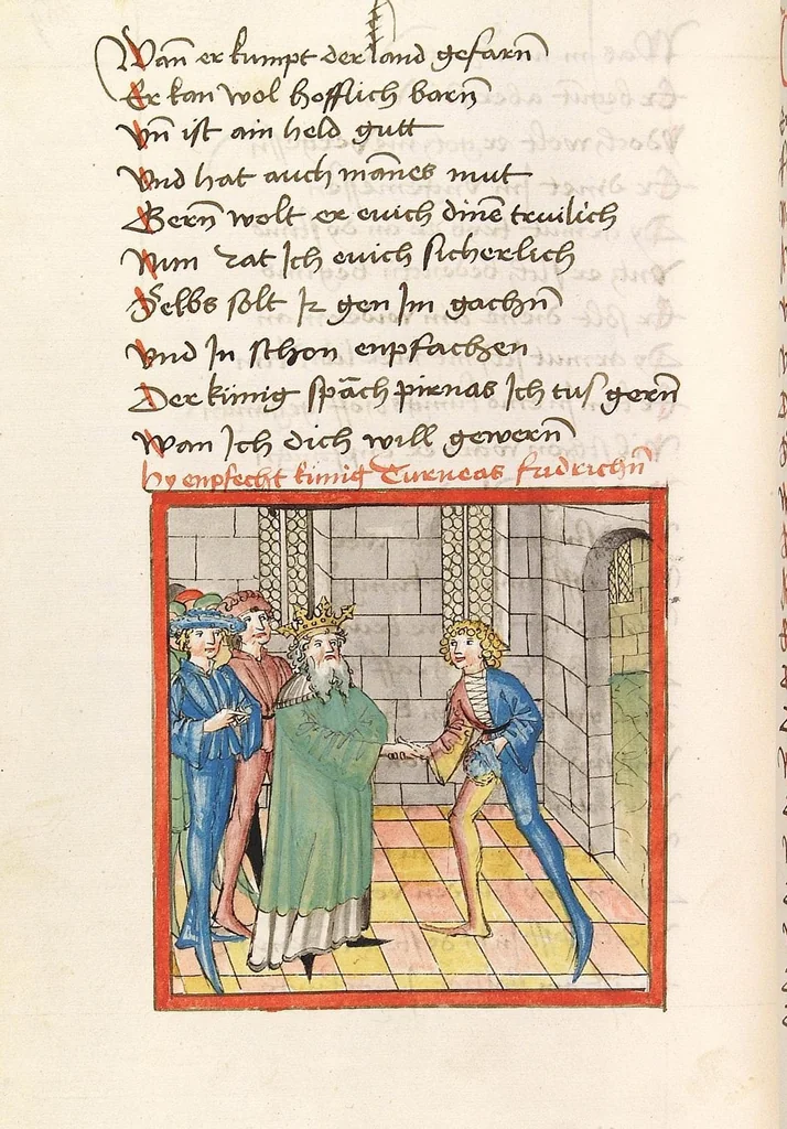 An illustration from 'Lohengrin' ; 'Friedrich von Schwaben', 1470, leaf 560
