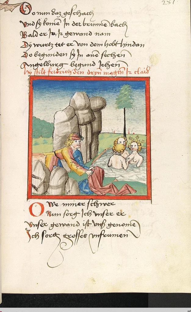 An illustration from 'Lohengrin' ; 'Friedrich von Schwaben', 1470, leaf 595