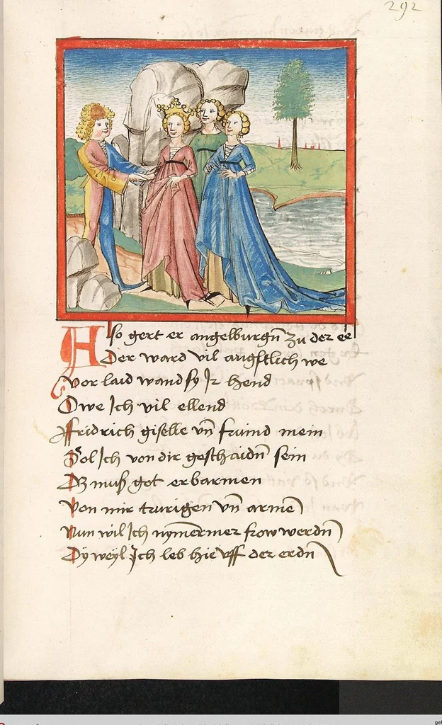 An illustration from 'Lohengrin' ; 'Friedrich von Schwaben', 1470, leaf 605