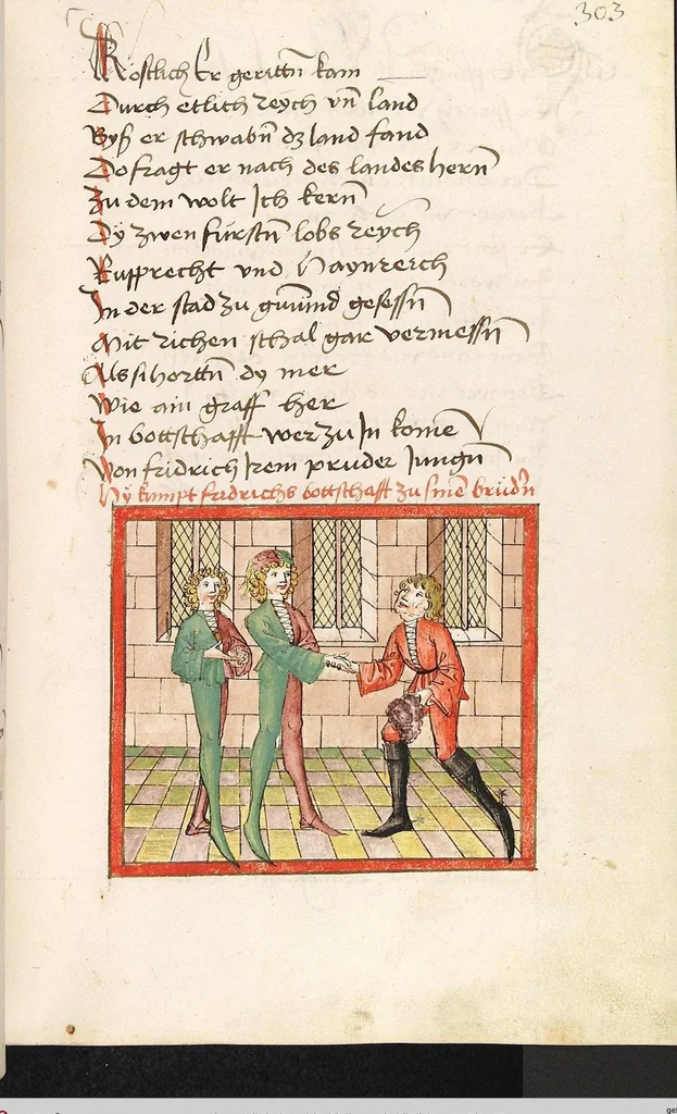 An illustration from 'Lohengrin' ; 'Friedrich von Schwaben', 1470, leaf 627