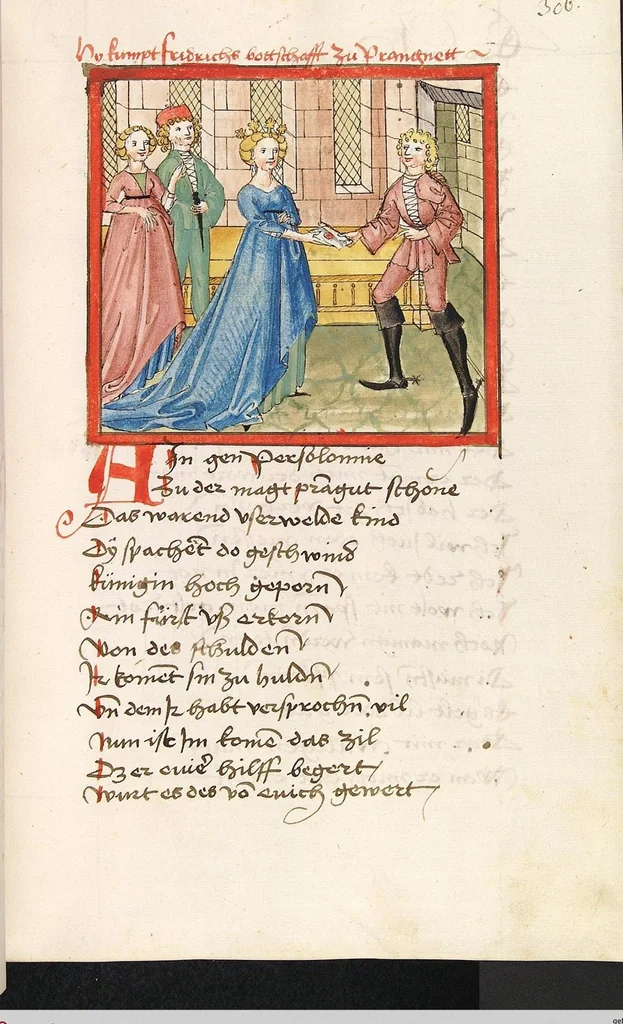 An illustration from 'Lohengrin' ; 'Friedrich von Schwaben', 1470, leaf 633
