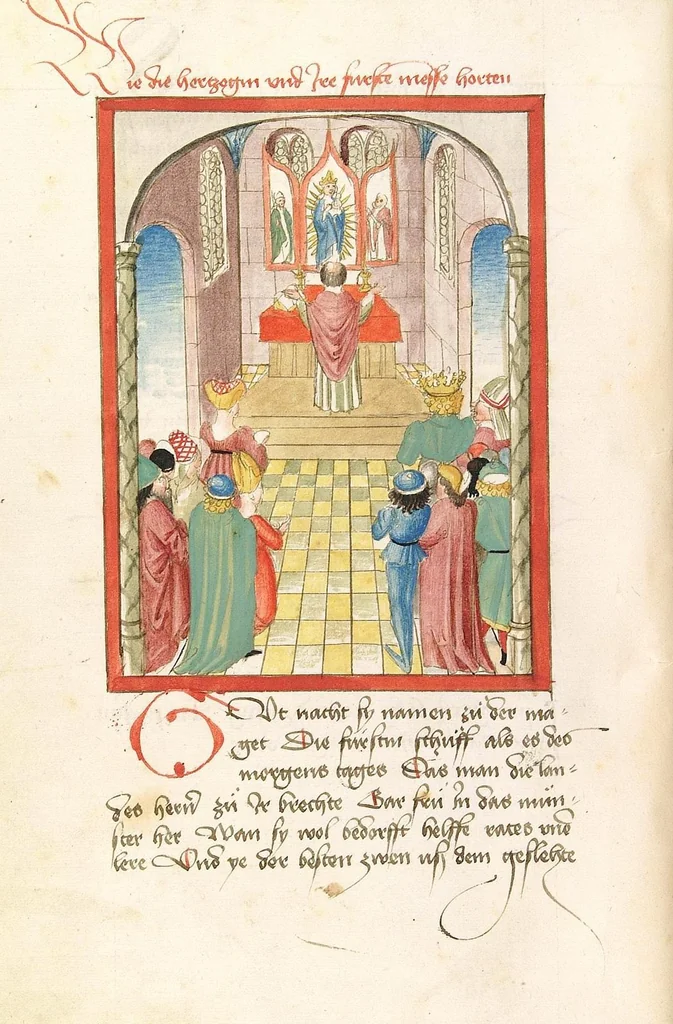 An illustration from 'Lohengrin' ; 'Friedrich von Schwaben', 1470, leaf 64