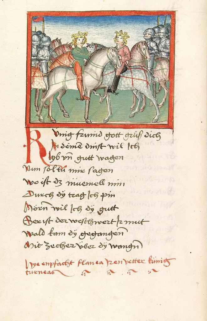 An illustration from 'Lohengrin' ; 'Friedrich von Schwaben', 1470, leaf 656